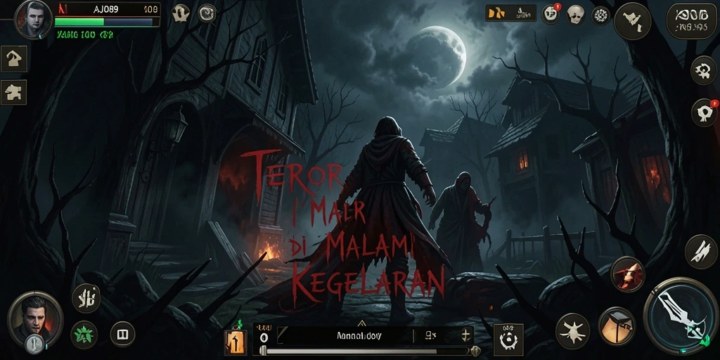 Screenshot menampilkan lingkungan menakutkan dari AJO89 yang penuh kegelapan.
