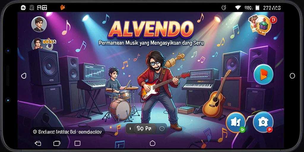 Tangkapan layar utama ALVENDO menampilkan gameplay musik yang interaktif dan menarik.