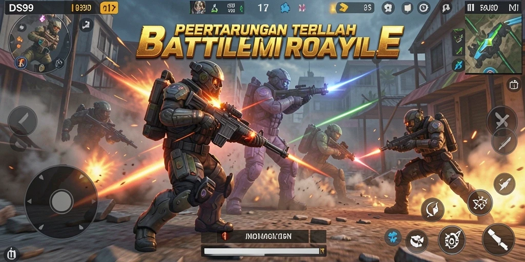 Tangkapan layar gameplay DS99 menampilkan aksi intens Battle Royale.