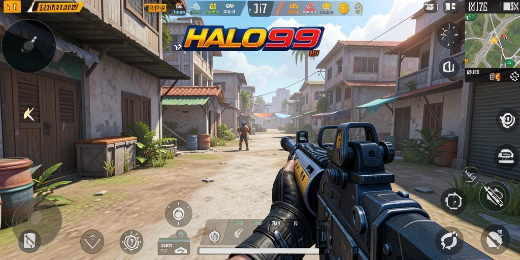 Screenshot utama HALO99 menampilkan aksi tempur yang intens dalam game TPS.