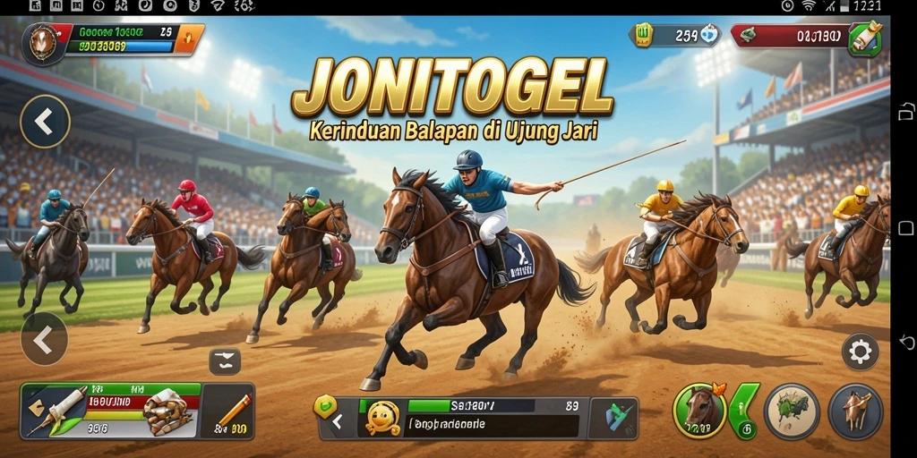 Tampilan gameplay JONITOGEL dengan aksi balapan yang seru.