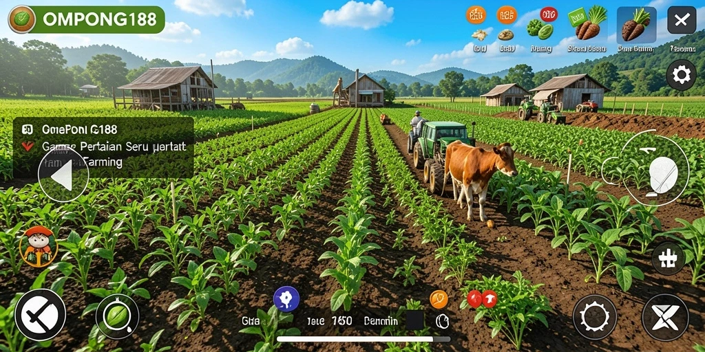 Screenshot gameplay OMPONG188 menampilkan ladang yang subur dan beragam tanaman.